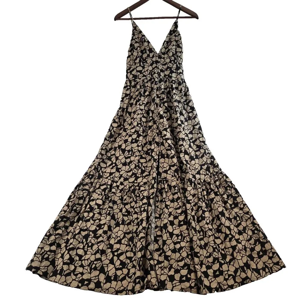 Abercrombie & Fitch Linen Blend Tiered Maxi Dress Black Beige Boho Chic Cottage